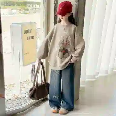 迷乐童堡休闲运动套装 洋气时髦卡通兔子圆领卫衣蝴蝶结牛仔裤两件套 儿童款