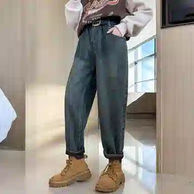 迷乐童堡 童装 加绒加厚一体绒中腰牛仔裤 儿童款 蓝色