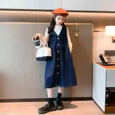 迷乐童堡 连衣裙春季洋气裙子女大童时髦春秋背带裙装套装 儿童款 蓝色