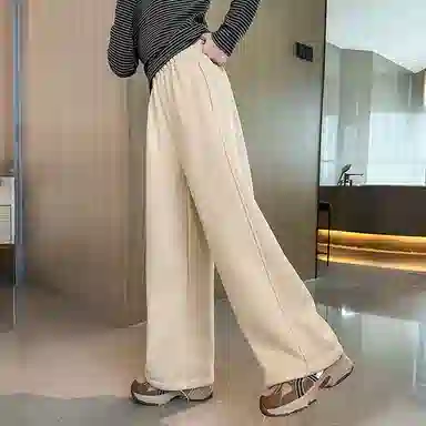 青少年款 迷乐童堡 纯色松紧腰宽松直筒休闲裤 儿童款 奶杏色