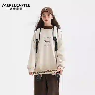 迷乐童堡卫衣 加绒厚款保暖卡通动漫假两件半高领长袖 杏灰色 青少年