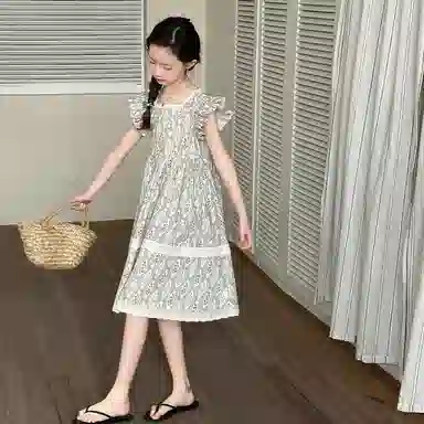 迷乐童堡连衣裙 舒适亲肤短袖洋气休闲碎花 蓝色 儿童款