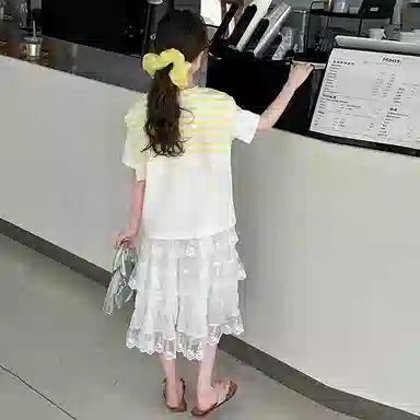 儿童款 迷乐童堡裙装套装 洋气时髦字母条纹披肩短袖套裙两件套