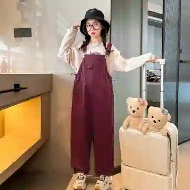 迷乐童堡 童装 字母圆领卫衣纯色休闲背带裤休闲运动套装 女童 酒红色