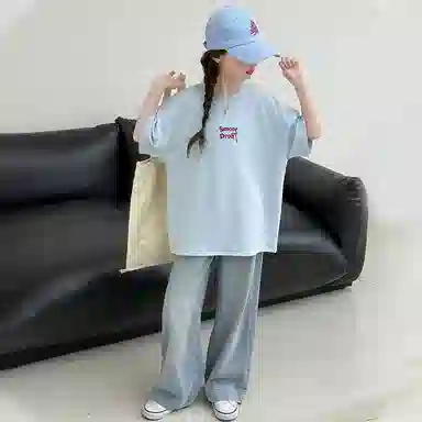 迷乐童堡休闲运动套装 轻透洋气百搭后背蝴蝶短袖两件套 儿童款