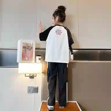 青少年 迷乐童堡 圆套头短袖上衣简约百搭柔软长裤休闲运动套装 黑色