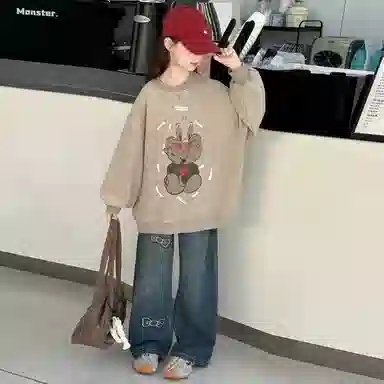 迷乐童堡休闲运动套装 洋气时髦卡通兔子圆领卫衣蝴蝶结牛仔裤两件套 儿童款