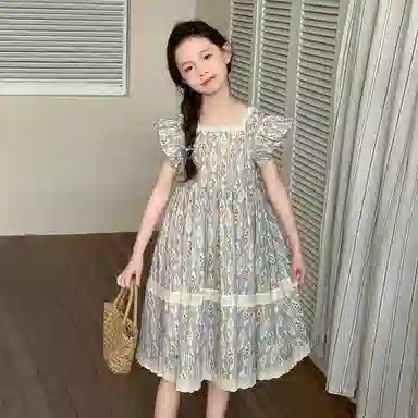 迷乐童堡连衣裙 舒适亲肤短袖洋气休闲碎花 蓝色 儿童款