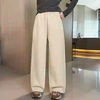 青少年款 迷乐童堡 纯色松紧腰宽松直筒休闲裤 儿童款 奶杏色