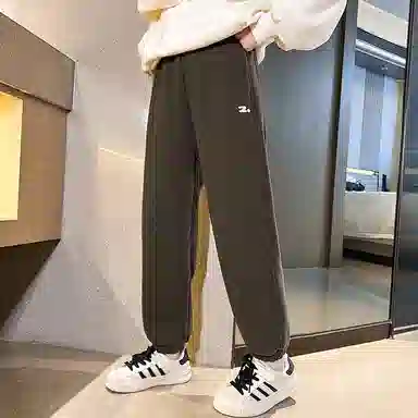 迷乐童堡 童装 纯色字母刺绣加绒加厚一体绒休闲裤 儿童款
