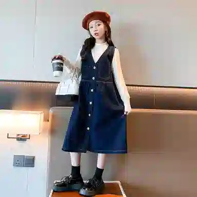 迷乐童堡 连衣裙春季洋气裙子女大童时髦春秋背带裙装套装 儿童款 蓝色