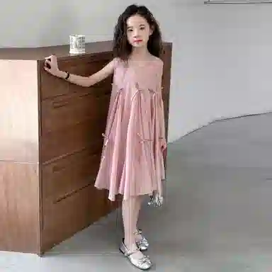 迷乐童堡连衣裙 洋气时髦休闲甜美纯色蝴蝶结无袖 儿童款