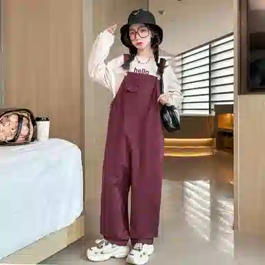 迷乐童堡 童装 字母圆领卫衣纯色休闲背带裤休闲运动套装 女童 酒红色