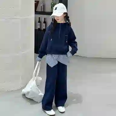 迷乐童堡休闲运动套装 洋气时髦半拉链假两件卫衣长裤两件套 儿童款