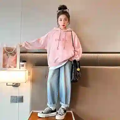 迷乐童堡 纯色印花连帽长袖卫衣 儿童款 粉色