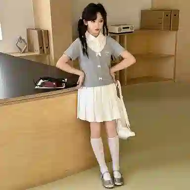 青少年 迷乐童堡裙装套装 透气舒适百搭短袖 灰色