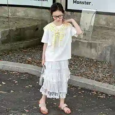 儿童款 迷乐童堡裙装套装 洋气时髦字母条纹披肩短袖套裙两件套