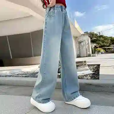 迷乐童堡牛仔裤 高腰显瘦阔腿直筒 蓝色 青少年