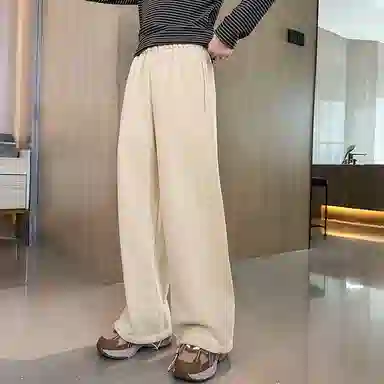 青少年款 迷乐童堡 纯色松紧腰宽松直筒休闲裤 儿童款 奶杏色