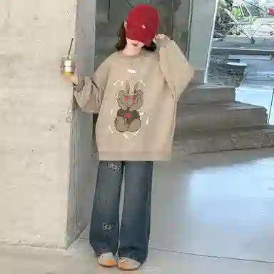 迷乐童堡休闲运动套装 洋气时髦卡通兔子圆领卫衣蝴蝶结牛仔裤两件套 儿童款