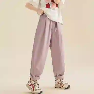迷乐童堡 女孩夏天薄款洋气网红纯色系带中腰宽松直筒工装休闲裤 儿童款