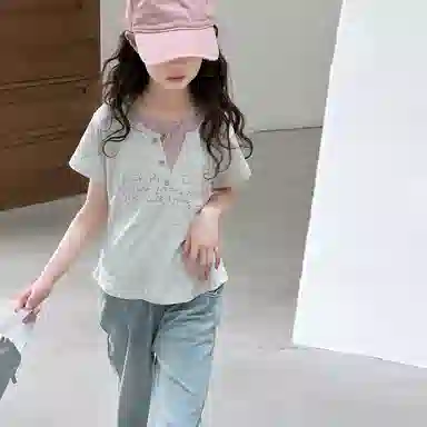 迷乐童堡休闲运动套装 舒适亲肤洋气百搭假两件短袖字母两件套 儿童款