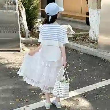 儿童款 迷乐童堡裙装套装 洋气时髦字母条纹披肩短袖套裙两件套
