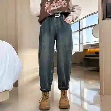 迷乐童堡 童装 加绒加厚一体绒中腰牛仔裤 儿童款 蓝色