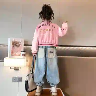 迷乐童堡 童堡 字母单排扣休闲长袖棒球服外套 女童 粉色
