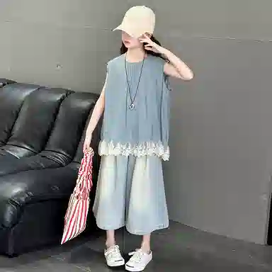 迷乐童堡休闲运动套装 洋气时髦百搭亲肤拼接纯色无袖花边两件套 儿童款