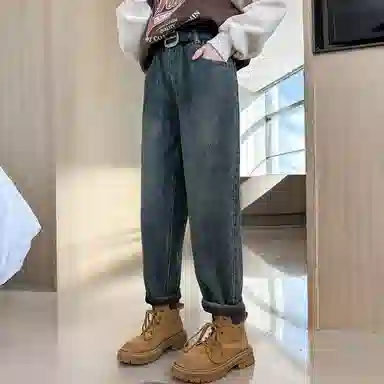 迷乐童堡 童装 加绒加厚一体绒中腰牛仔裤 儿童款 蓝色