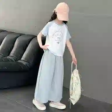 迷乐童堡休闲运动套装 拼色字母圆领插肩短袖 两件套 儿童款
