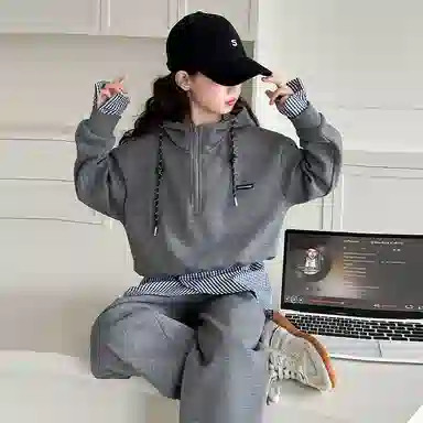 迷乐童堡休闲运动套装 洋气时髦半拉链假两件卫衣长裤两件套 儿童款