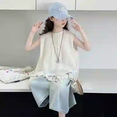 迷乐童堡休闲运动套装 洋气时髦百搭亲肤拼接纯色无袖花边两件套 儿童款