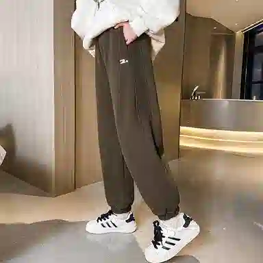 迷乐童堡 童装 纯色字母刺绣加绒加厚一体绒休闲裤 儿童款