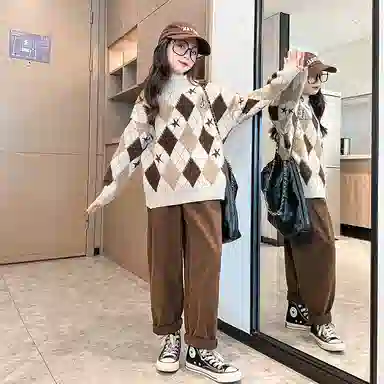 迷乐童堡 洋气女孩加厚女大童高领针织衫 儿童款 卡其色