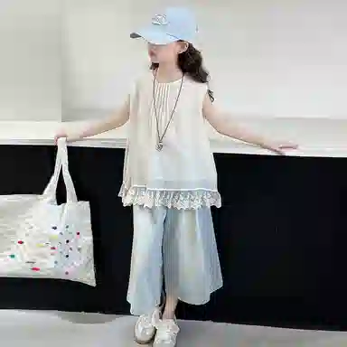 迷乐童堡休闲运动套装 洋气时髦百搭亲肤拼接纯色无袖花边两件套 儿童款