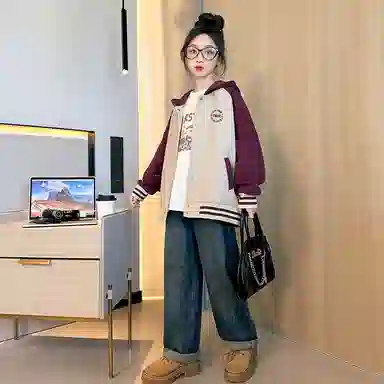 迷乐童堡 外套洋气时髦上衣女大童连帽拼色宽松时髦棒球服 儿童款 杏色