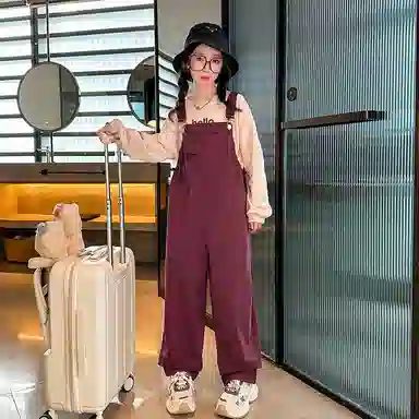 迷乐童堡 童装 字母圆领卫衣纯色休闲背带裤休闲运动套装 女童 酒红色