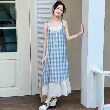 迷乐童堡连衣裙 洋气时髦休闲格纹吊带 蓝色 青少年