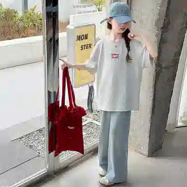 迷乐童堡休闲运动套装 轻透洋气百搭后背蝴蝶短袖两件套 儿童款