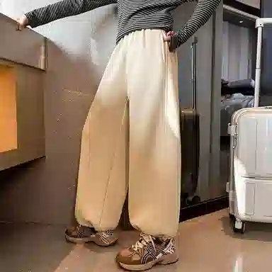 青少年款 迷乐童堡 纯色松紧腰宽松直筒休闲裤 儿童款 奶杏色