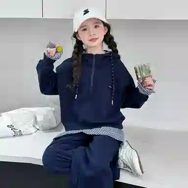 迷乐童堡休闲运动套装 洋气时髦半拉链假两件卫衣长裤两件套 儿童款