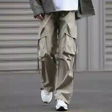 美式复古高街纯色户外机能宽松直筒休闲裤 男女同款