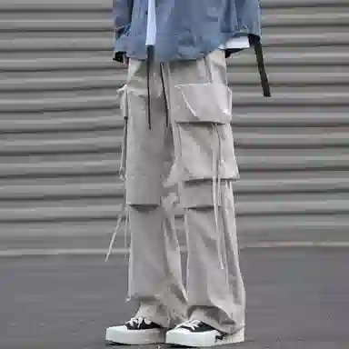 美式复古高街纯色户外机能宽松直筒休闲裤 男女同款