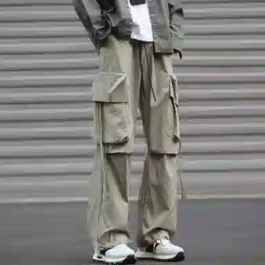 美式复古高街纯色户外机能宽松直筒休闲裤 男女同款