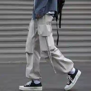 美式复古高街纯色户外机能宽松直筒休闲裤 男女同款