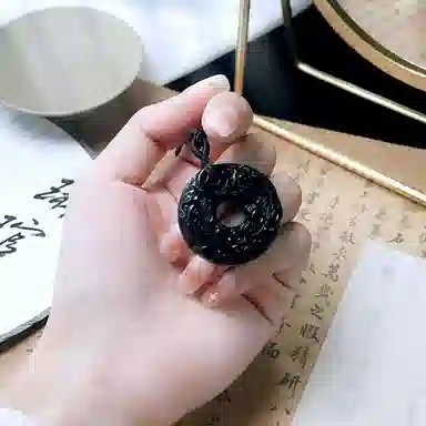 琳琯瑛 新中式复古招财双貔貅平安扣 黑曜石 玉石吊坠 男女同款情侣款 黑曜石