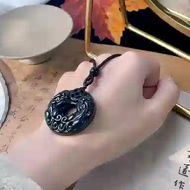 琳琯瑛 新中式复古招财双貔貅平安扣 黑曜石 玉石吊坠 男女同款情侣款 黑曜石