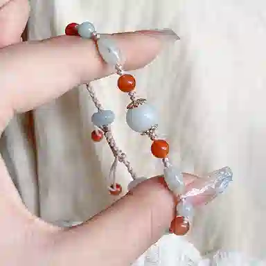 琳琯瑛 圆珠翡翠珠子配南红 可爱编织手绳 豆种 翡翠手链 女款